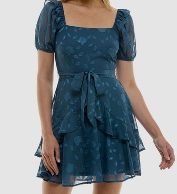 Trixxi Women's Juniors' Blue Square-Neck Fit & Flare Dress Sz L
