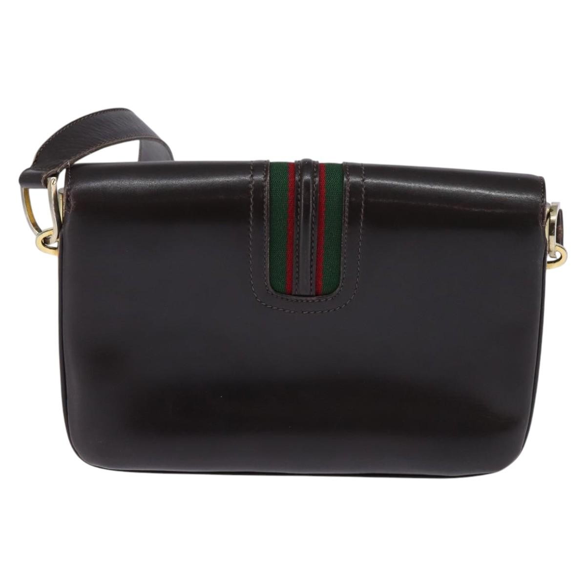 GUCCI Web Sherry Line Shoulder Bag Leather Dark Brown Gold Red