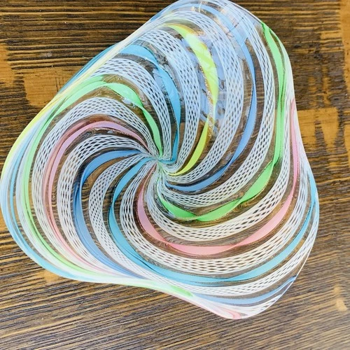 Vintage Murano Zanfirico Latticino Rainbow Glass Bowl Trinket Dish 4 7/8”