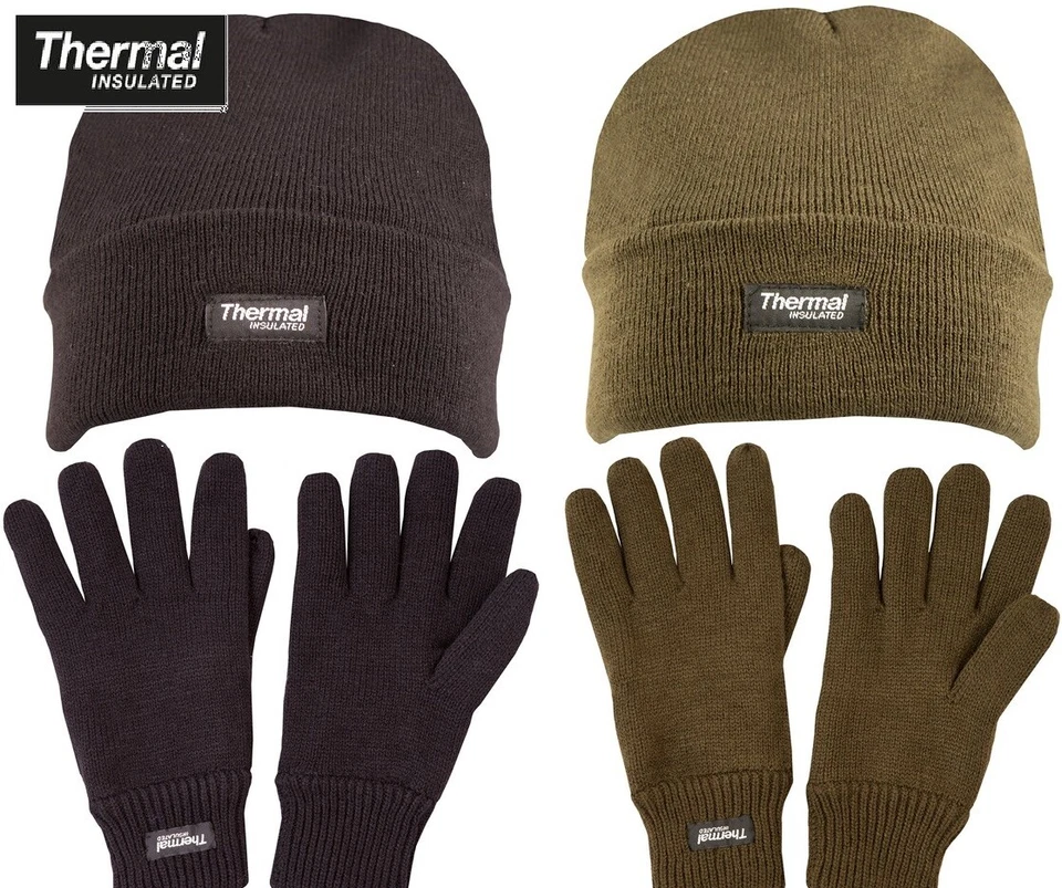 NEW: KombatUK Mens Thermal Insulated Beanie Bob Hat and Glove Mittens Set Pack