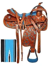 Brown Leather Tooled Western Barrel Racing Horse Saddle Tack Set Size 10" to 18"