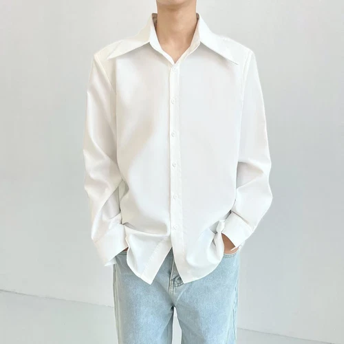 Men's Draping Large Pointy Collar Loose Stylish French White Long-Sleeved Shirts - Picture 7 of 11