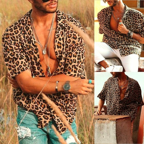 Herren kurzärmelig Leopardendruck Kleid Shirt Freizeithemden Mode Sommer Tops - Bild 3 von 17