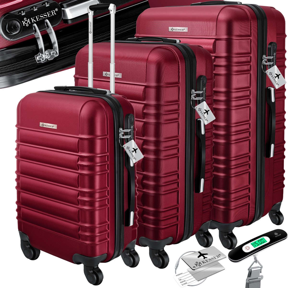 Kesser Reiskoffer Set 3-delig | Kofferset ABS hardshell koffer met cijferslot, kofferweegschaal & reisportemonnee 360° wieltjes | handbagage & grote koffer voor zaken & reistrolley, grijs (iron grey