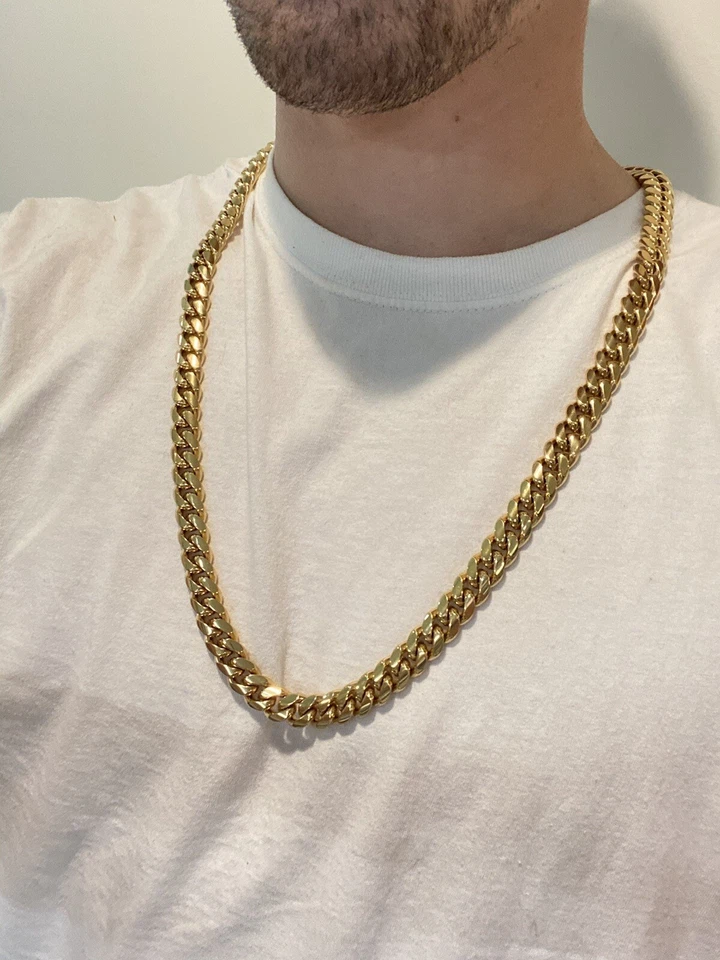 Collar de cadena de hip hop real de acero inoxidable chapado en oro de 18 quilates con eslabones cubanos Miami de 12 mm para hombre Foto 4 de 4