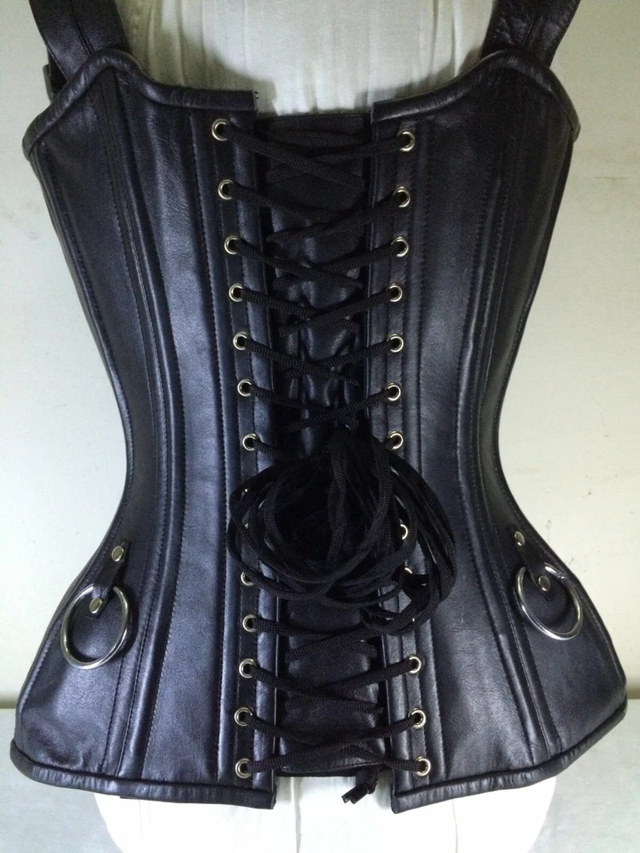 Heavy Duty Front Busk Double Steel Boned Waist Trainer Cow hide Leather Corset - Image 3 of 4