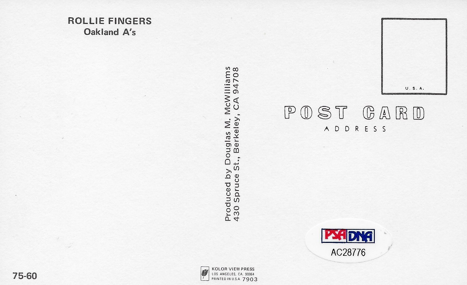 Rollie Fingers Signed Vintage 1970s A's Baseball Postcard PSA/DNA COA Autograph