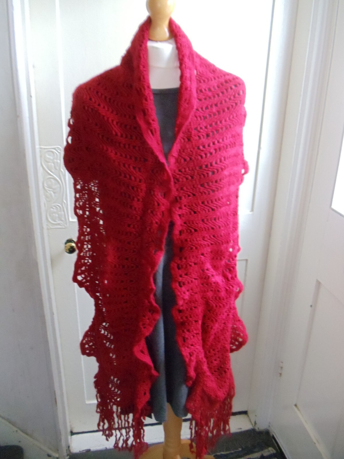 Marks and Spencer Crochet Scarf Shawl Black Red Tassels Soft Long