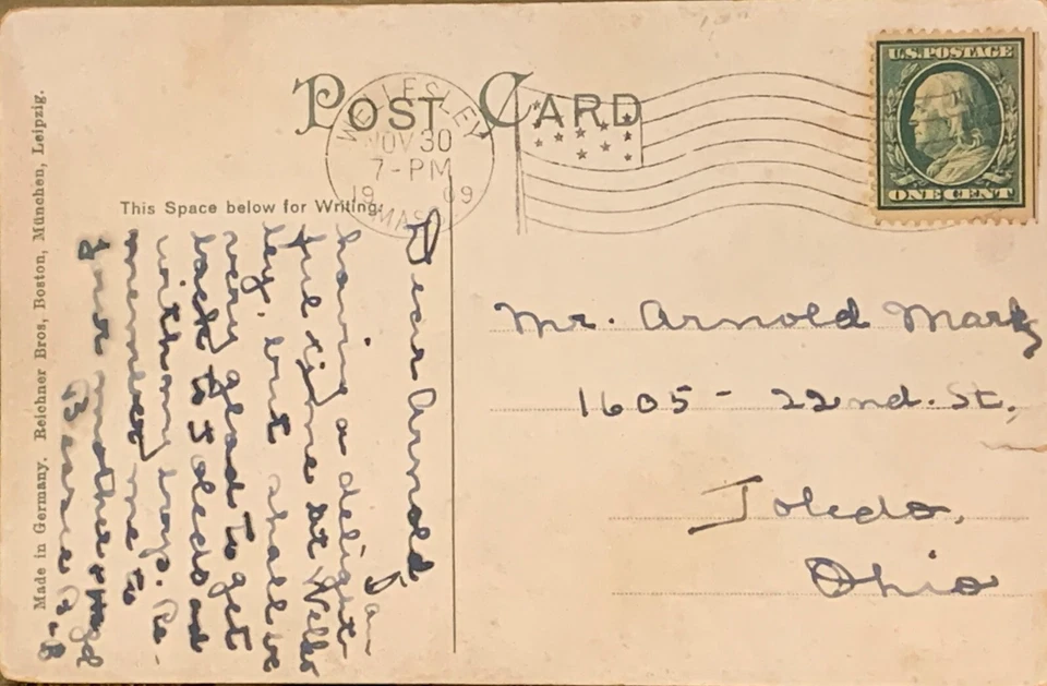 Charlestown Bridge, Charlestown Postcard with a rare 1 Cent B. Franklin stamp - Image 3 of 3