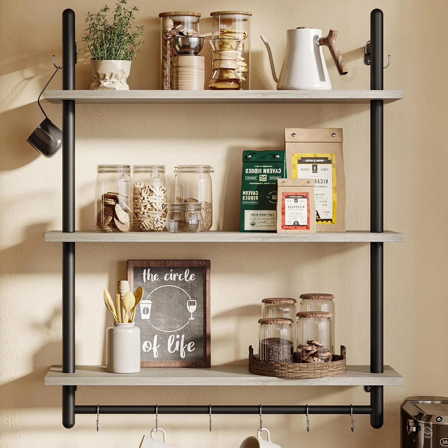 Bestier 3 Tier Industrial Pipe Shelf 31.5 In Grey Towel Bar Hooks #R014