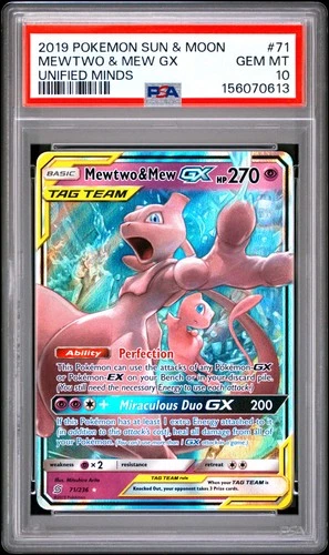 2019 POKEMON SUN & MOON UNIFIED MINDS #71 MEWTWO & MEW GX PSA 10