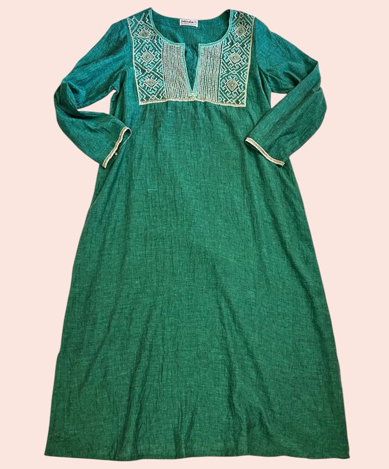 Maxi túnica dividida vintage años 70 de algodón indio caftán espejo bordado yugo XL Foto 2 de 4