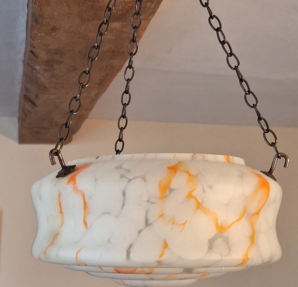 Plafonier de techo de vidrio grande Art Deco años 30 Flycatcher cuenco colgante pantalla en muy buena condición Foto 2 de 4