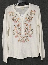 Style & Co Size M Winter Natural Embroidered Sequin Trim Long Sleeve Blouse Boho