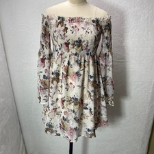 Off Shoulder M Smocked Floral Print Mini Dress Bell Sleeve Frilly Flowy Romantic