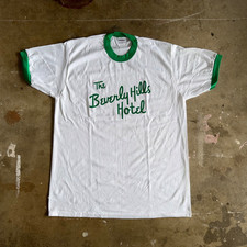80s VINTAGE THE BEVERLY HILLS HOTEL LOS ANGELES WHITE RINGER T-SHIRT MEN SZ L