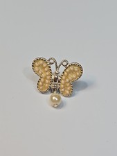 AVON Butterfly Lapel Pin Cream Color Dangling Pearl Bead 