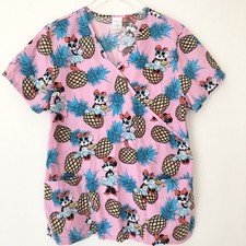 DISNEY Womens Size Large Minnie Mouse Pineapple Short Sleeve Scrub Top Pink L