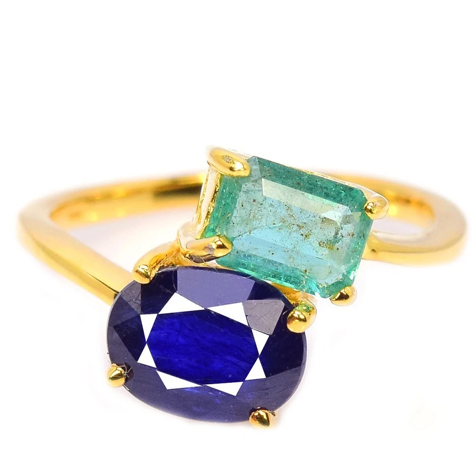 925 STERLINGSILBER RING GRÜNER SMARAGDSCHLIFF & OVALER BLAUER SAPHIR GRÖSSE 7,75