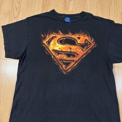 Vintage Superman Graphic T-Shirt Mens Large Black Flame Logo DC Comics 2000s