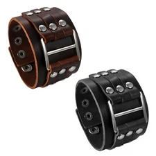 Men's Punk Wide Genuine Leather Big Buckle Rivet Cuff Wristband Bracelet Bangle