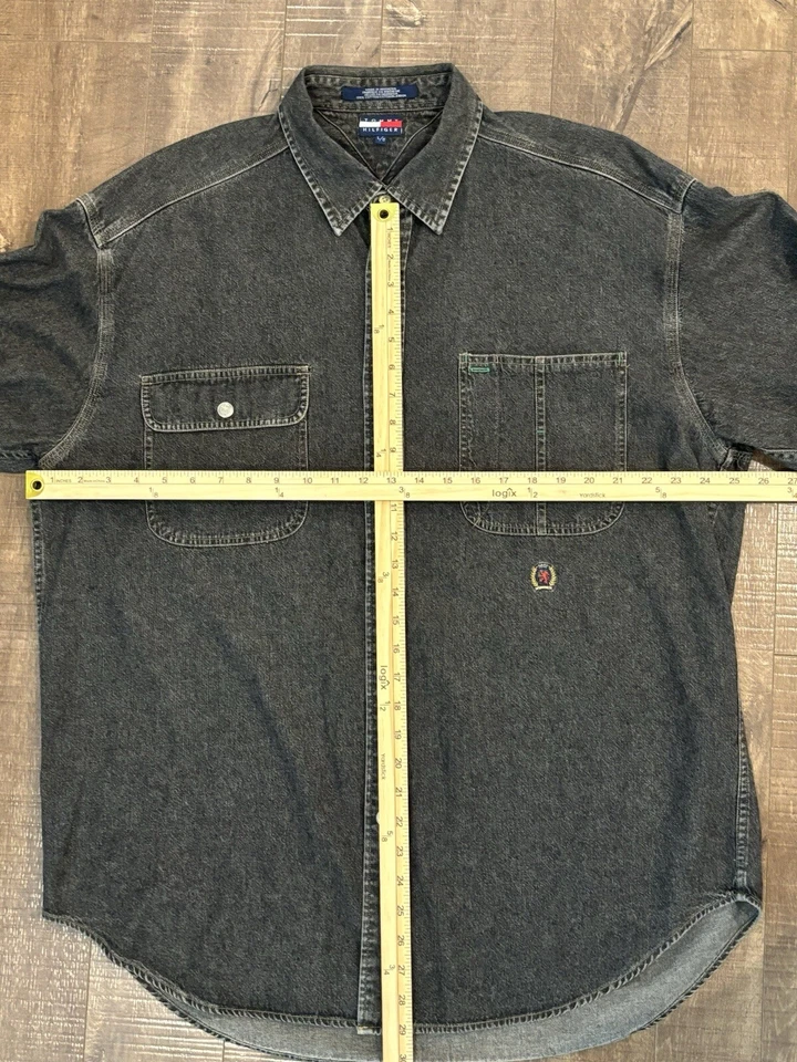 Camisa jeans masculina Tommy Jeans tamanho G cinza escuro metal botões de pressão Western E3 - Imagem 2 de 4