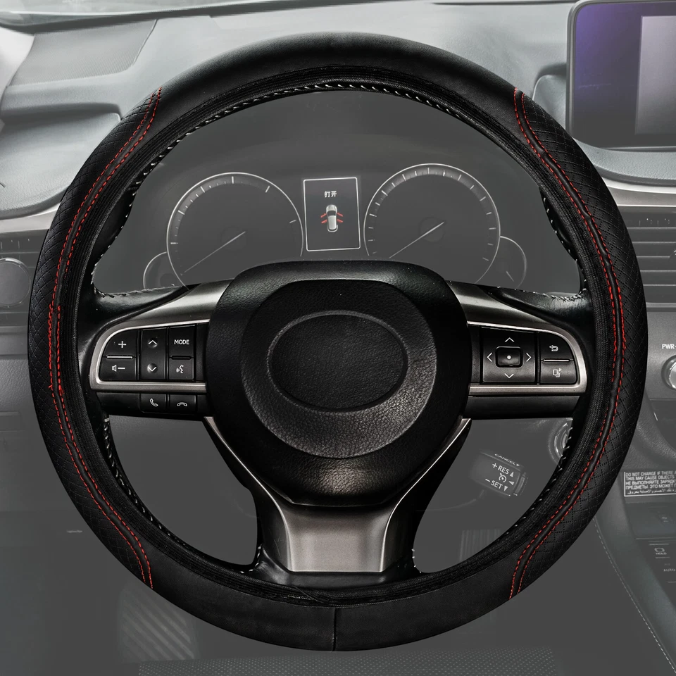 Capa de volante de carro de couro para acessórios automotivos de boa aderência 15" preta e vermelha - Imagem 2 de 4