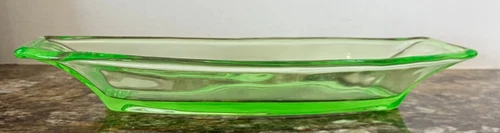 Green Depression Glass relish serving tray 11 1/4 long 5 inches widest 1 1/2 hi