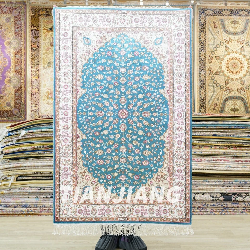 2.5x4ft Blue Handwoven Silk Carpet Home Decor Indoor Leaf Pattern Rug HF190B - Image 2 of 4