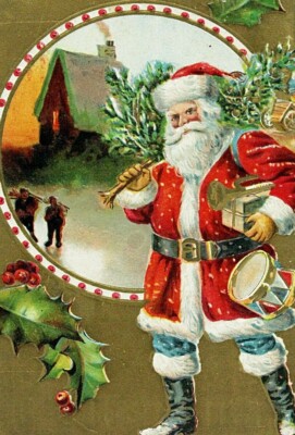 1910 Santa Claus Carrying Toys Christmas Tree Drum Gold