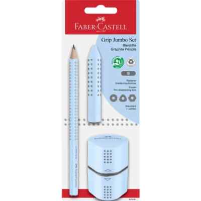 FABER CASTELL Set Grip Jumbo B Bleistift Dreikantradierer Spitzerdose sky blue