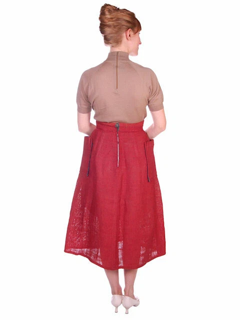 Saia de estopa vermelha coral vintage década de 1940 estilo Claire McCardell xadrez forrada bolsos 26"W - Imagem 4 de 4