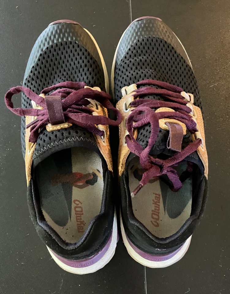OLUKAI WAILUKU Ladies Sneakers Shoes BLACK MESH Brown Leather PURPLE TRIM sz 7.5 - Image 2 of 4