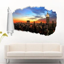 New York Skyline Sunset Car 3D Torn Hole Ripped Wall Sticker Decal Art WT62