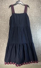J Crew Navy Pink Embroidered Straps Hem Sleeveless Midi Dress 10 Preppy Peasant
