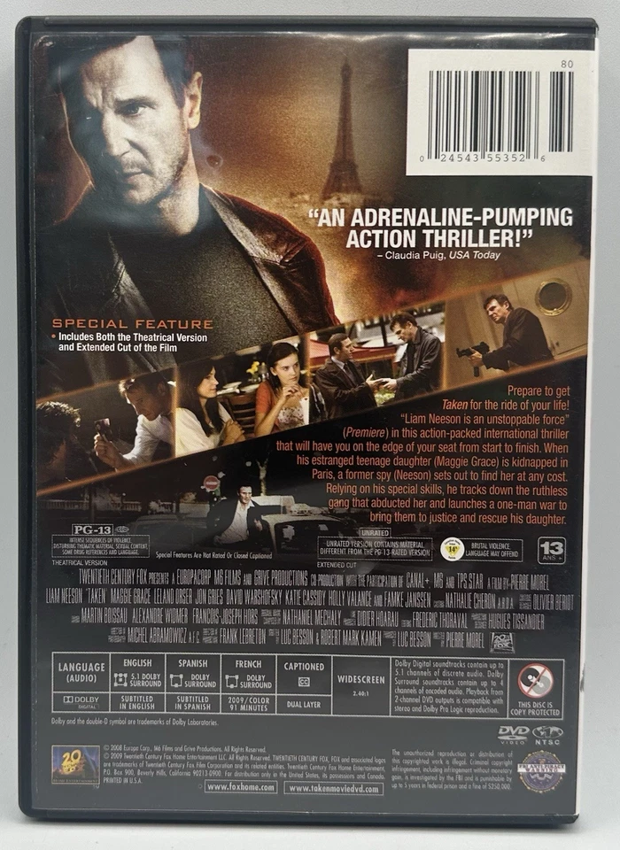 Taken DVD Widescreen Extended Cut Liam Neeson Maggie Grace Jon Gries 2009 - Image 2 of 3