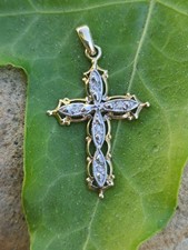 10k massiver Gelb & Weißgold Diamant Kreuz Halskette Anhänger 1,22" signiert 0,99g