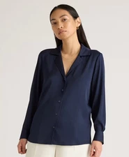 NWT Quince M Washable Stretch Silk Notch Collar Blouse Top Navy Blue Long Sleeve