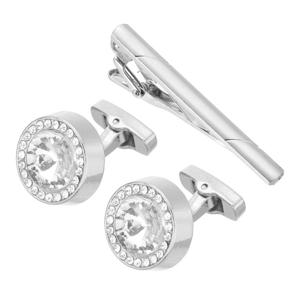 Kristall ManschettenknöPfe & Krawattenclip Set Mit Box FüR Silber (Weiß)-image