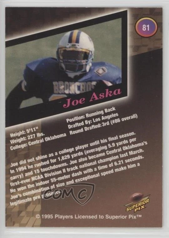 1995 Superior Pix Joe Aska #81 Rookie RC - Image 2 of 2
