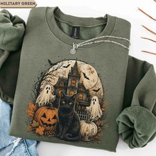 Black Cat Haunted House Halloween Spooky Sweatshirt