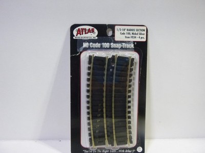 ATLAS #834 HO HALF 18'' RADIUS CURVE  TRACK 1/2 SECTIONS CODE 100 pkg of 4