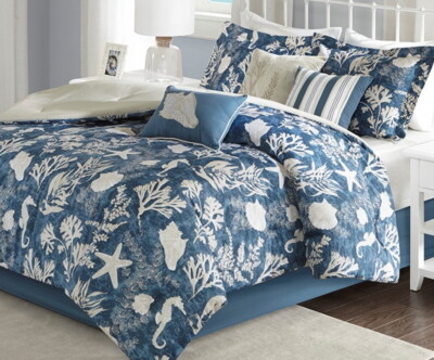 #ad BLUE OCEAN CAPE 7pc Queen COMFORTER SET : WHITE BEACH NAUTICAL SEA SHELL $144.45