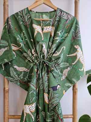 Indian Green Animal Printed Cotton Hippie Maxi Women Nightwear Caftan Dress