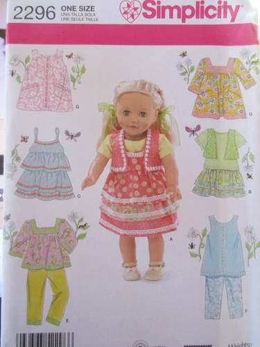 Simplicity Pattern 2296 One Size 18" Doll Clothes Top Skirt Pants Camisole UC