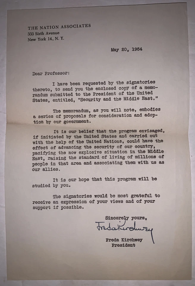 w FREDA KIRCHWEY SIGNED LETTER, SECURITY AND THE MIDDLE EAST, 1954, 1st Ed - Image 2 of 4