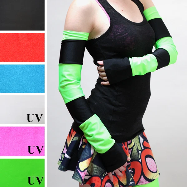 Striped Arm Warmers Green Anime Costume Black Gloves UV Glow Elbow Length Cyber
