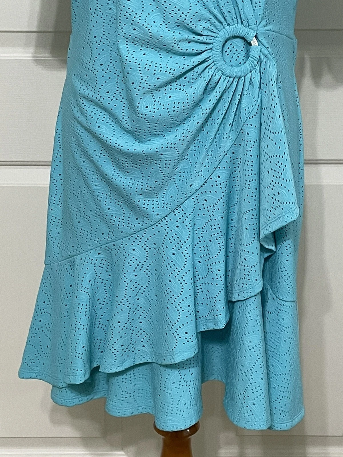 Abito Michael Kors taglia XL turchese manica corta volant aderente e svasato $155 nuovo con etichette