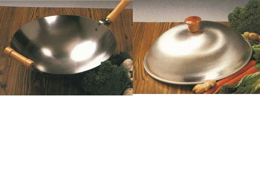 14" Round bottom wok wood handle carbon steel/13" lid / *Wok Ring (USA MADE)