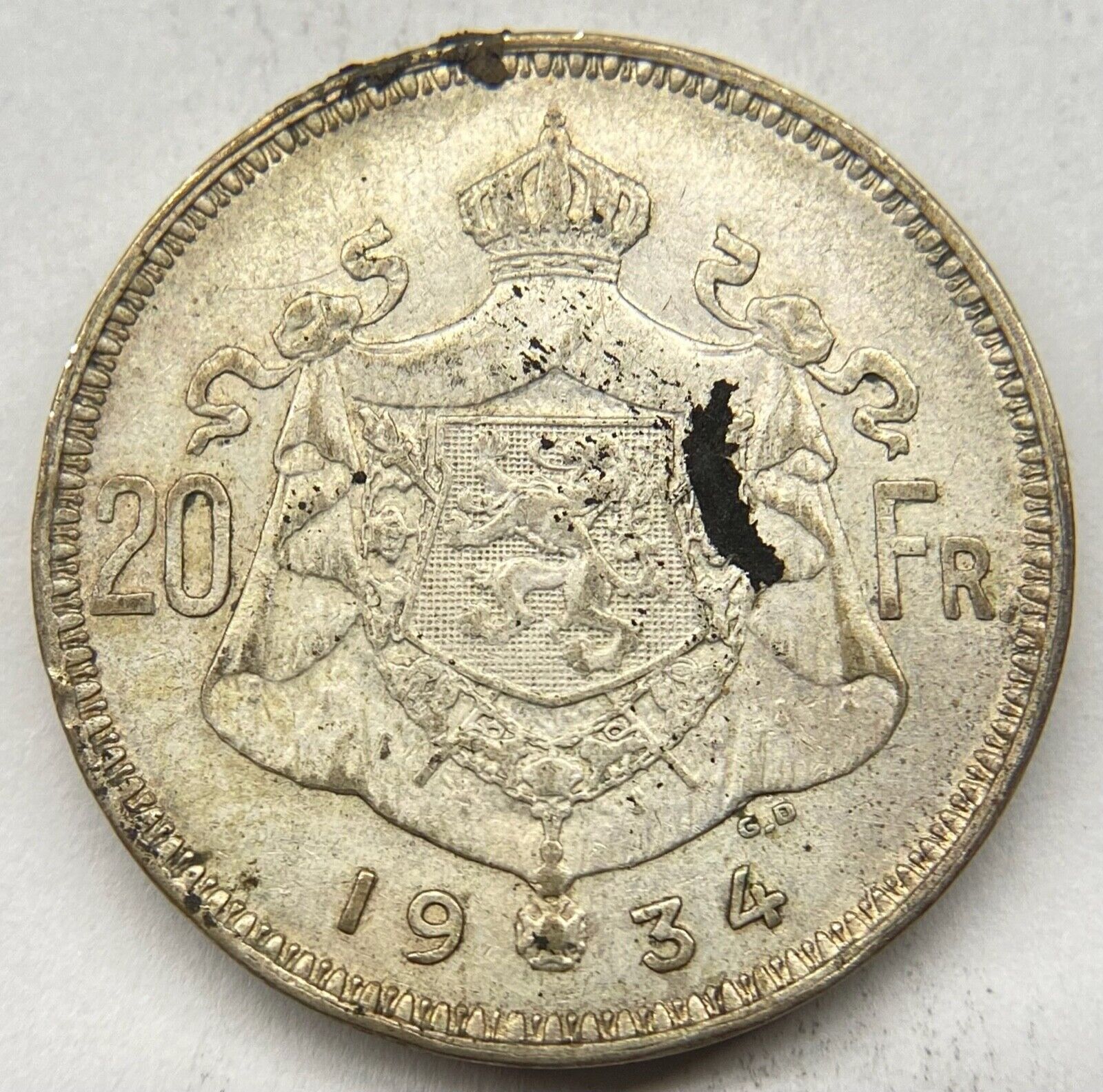 Belgium 1934 20 Francs Silver Coin KM #104.1
